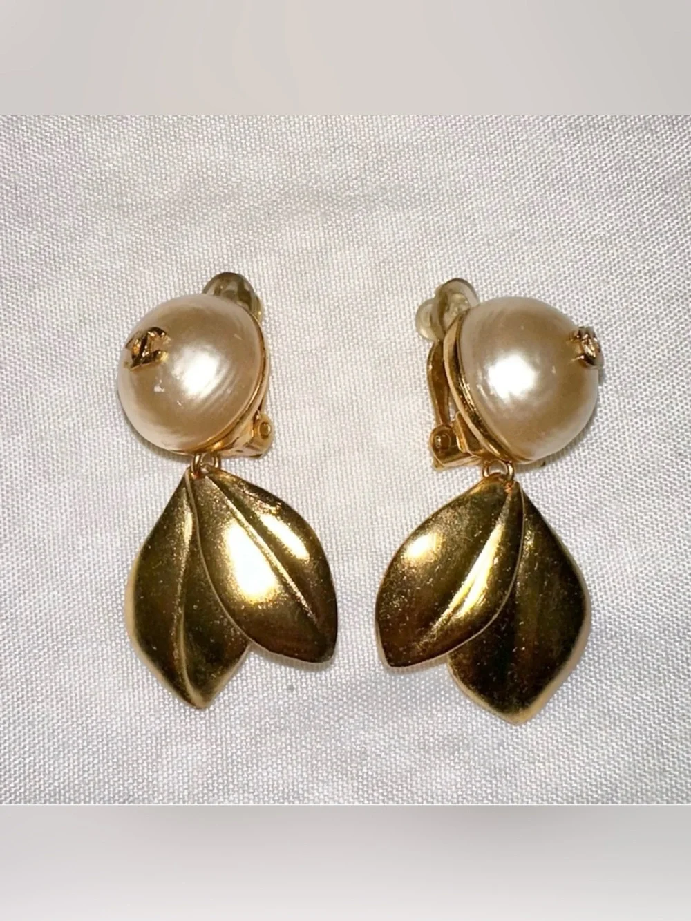 Chanel Vintage Pearl and Leaves Gold-tone Dangle Drop Clip On Statement Earrings